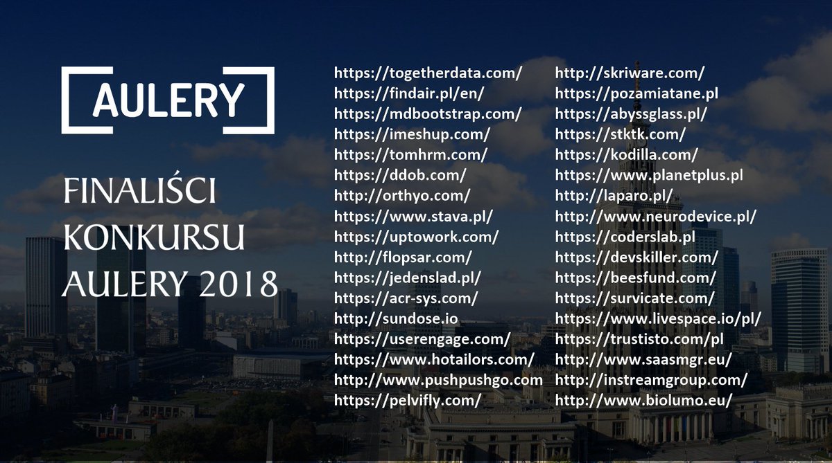 Pełna lista finalistów konkursu <a href="/Aulery_Awards/">Aulery</a> 2018. Z finalistami widzimy się 7-go czerwca Campus Warsaw na ogłoszeniu wyników głosowanie Jury. Trzymamy kciuki i gratulujemy wszystkim, którzy się zgłosili w tym roku - 170 firm, ogromna konkurencja i mordercza walka!