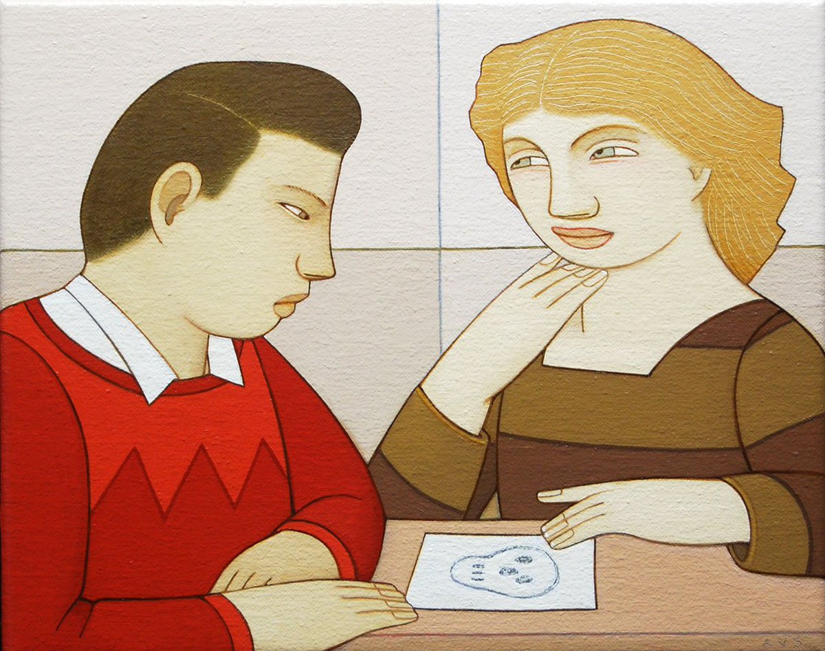 AndrewStevovich's tweet photo. My 2011 #oilpainting 'Couple with a Drawing of a Skull' (14" x 16") #art #artlovers  #twitart  #contemporaryart  #paintingoftheday #fineart #artcollector
#figurativeart #skull https://t.co/LZ5uumhiaO
