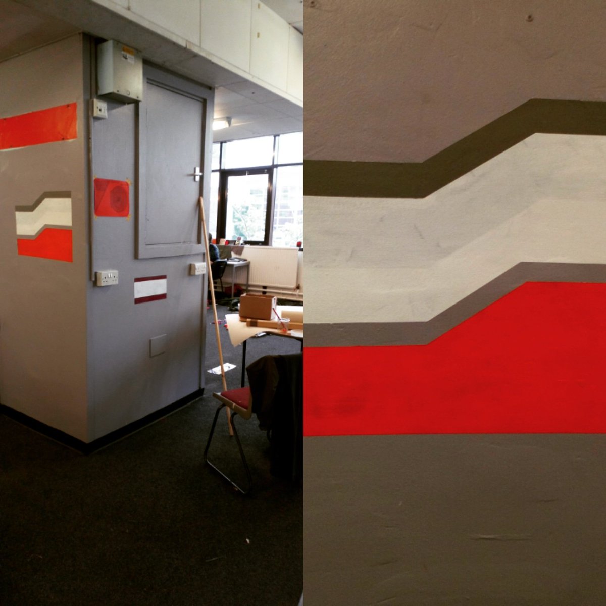 ArtEmmaBennett's tweet photo. Today's wall painting in the MA Fine Art Studios, Brittan Building, Tees Uni, soon to be knocked down. #wallpainting #sitespecific #postwar #architecture #stairway https://t.co/gyhCzO5ONl