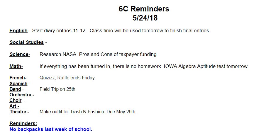 Baker6c's tweet photo. Homework Slide for Thursday, May 24, 2018 https://t.co/2CvWDAY0Nx
