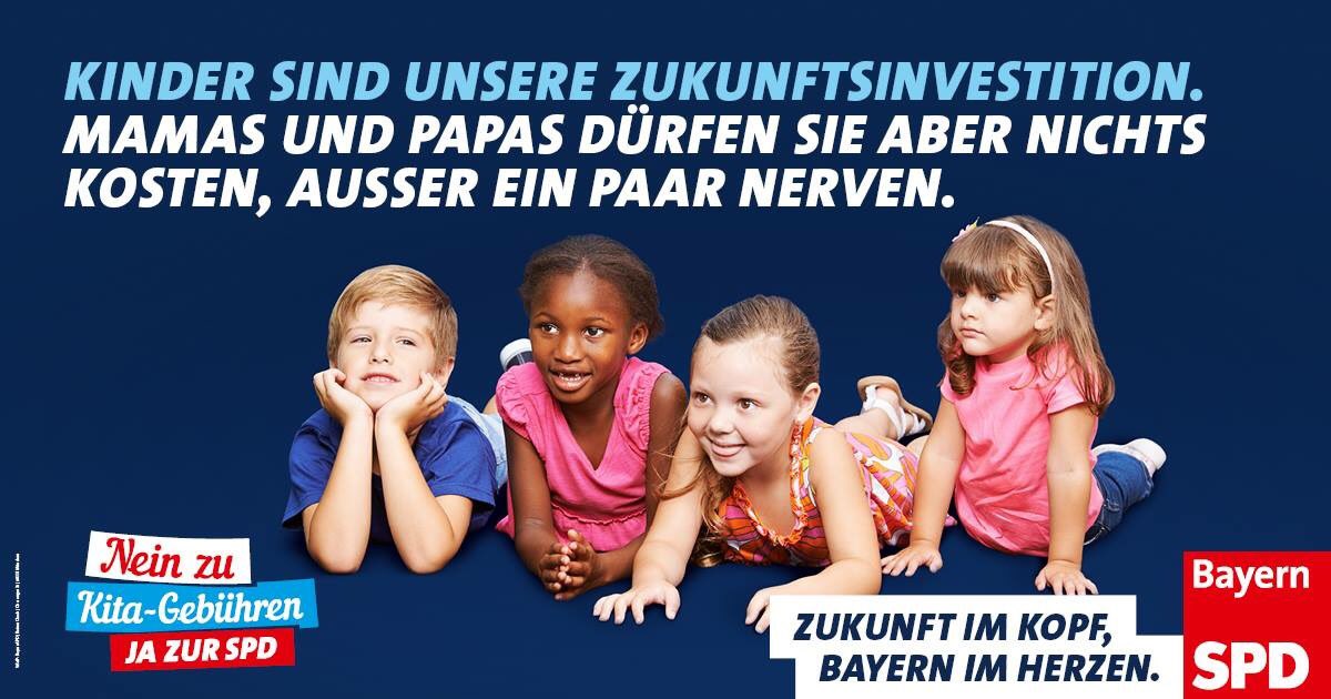 WIR HELFEN IHNEN, FAMILIE UND BERUF UNTER EINEN HUT ZU BRINGEN.
WO DIE SPD IN STÄDTEN UND GEMEINDEN REGIERT, GIBT ES MEHR KINDERBETREUUNG. DER NÄCHSTE SCHRITT MUSS IN GANZ BAYERN ERFOLGEN: HOCHWERTIGE UND GEBÜHRENFREIE KITAS FÜR ALLE KINDER. #bayernspd #kindersindunserezukunft