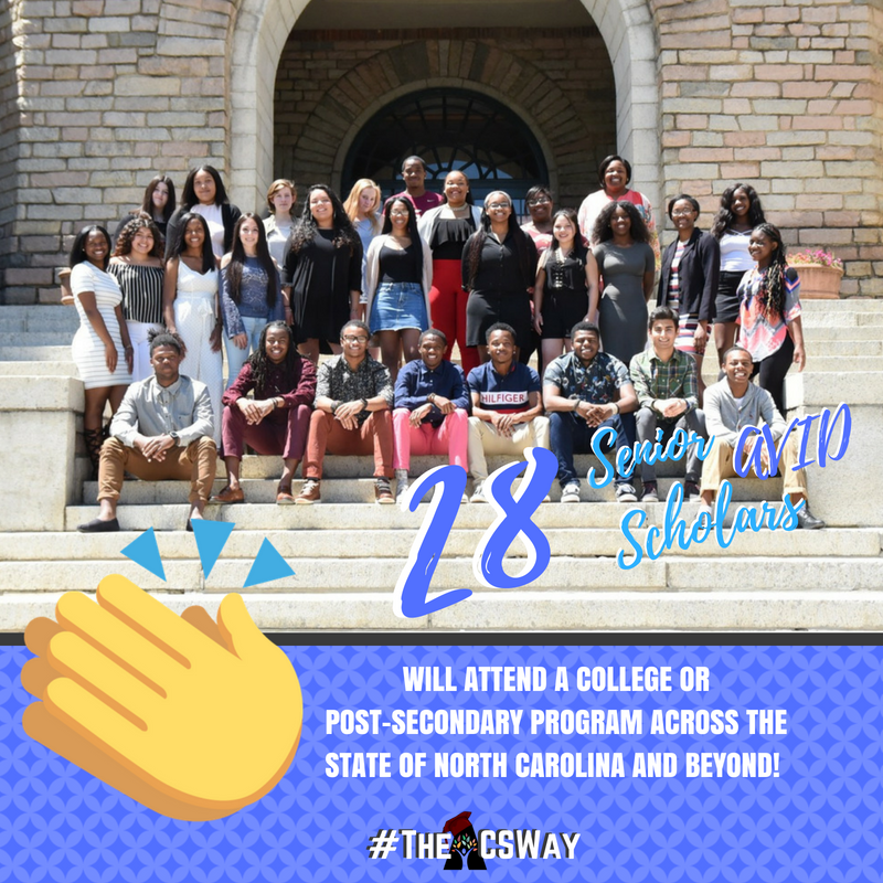 The #ClassOf2018 includes 28 outstanding AVID Scholars who have set themselves up for success! Each of our almost alumni has been accepted to and will attend a four-year college or post-secondary program across the state of North Carolina and beyond. This is #TheACSWay! 🎓