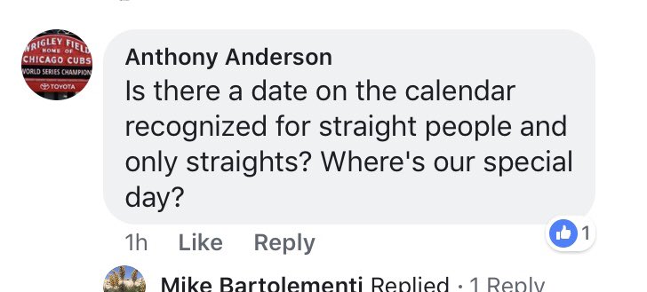 jessboulet's tweet photo. Cubs announce pride day. Cue the comments from straight white males about “when is their day?!?” #literallyeveryday #youarentpersecuted #EVERYBODYin #includingLGBTQ https://t.co/y911Z4zUdz
