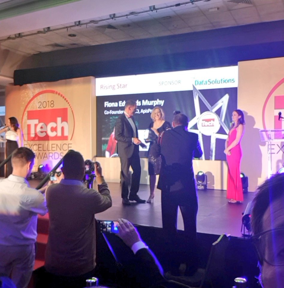ApisProtect's tweet image. Our CEO @Fedwards_ receiving the Rising Star award at #TechEx18 @TechC_Live @CitywestHotel @sarahmcinerny