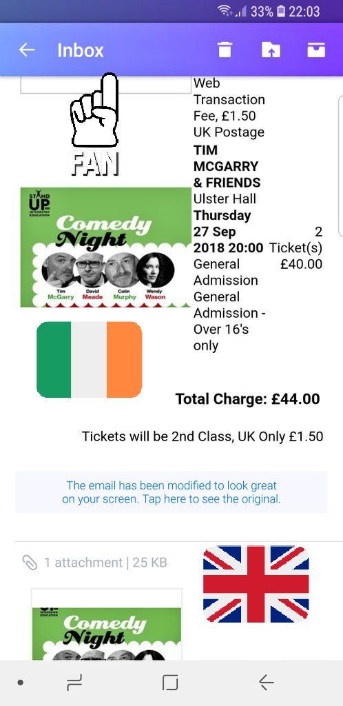 Cliona_Evans's tweet photo. I've just booked my tickets for #StandUpForIntegratedEducation #ComedyNight this September in @UlsterHall @niciebelfast @IntegrateMS @IEFNI Come along+support us for this fab event. *Please note I've altered the email design with my own decorative stickers. I can't help myself!๐ https://t.co/3X4OZlsuDU