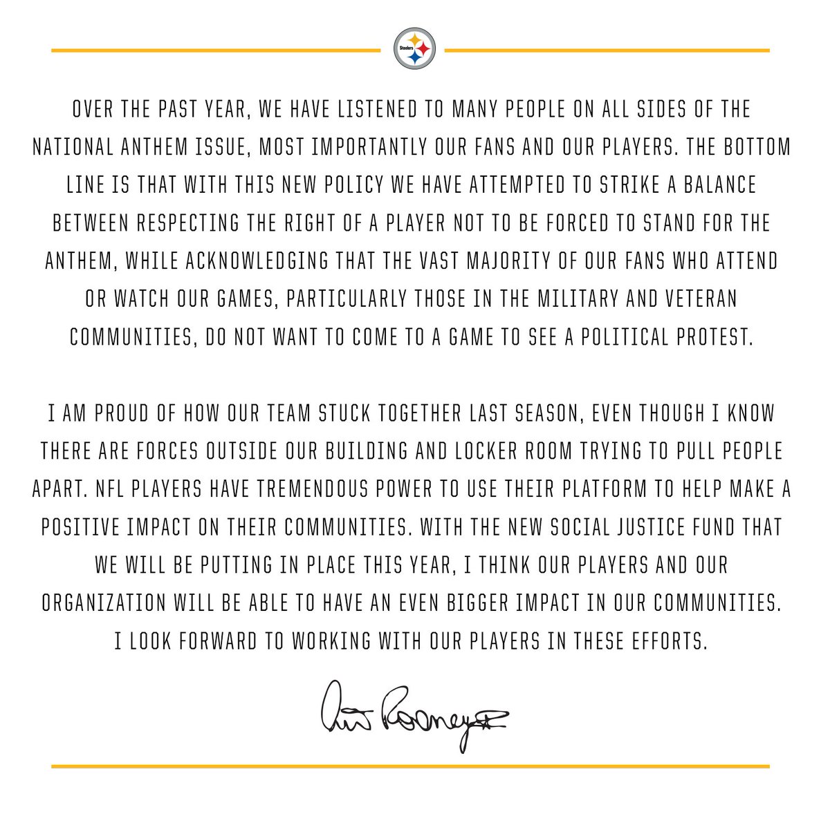 steelers's tweet image. Statement from Steelers President Art Rooney II: