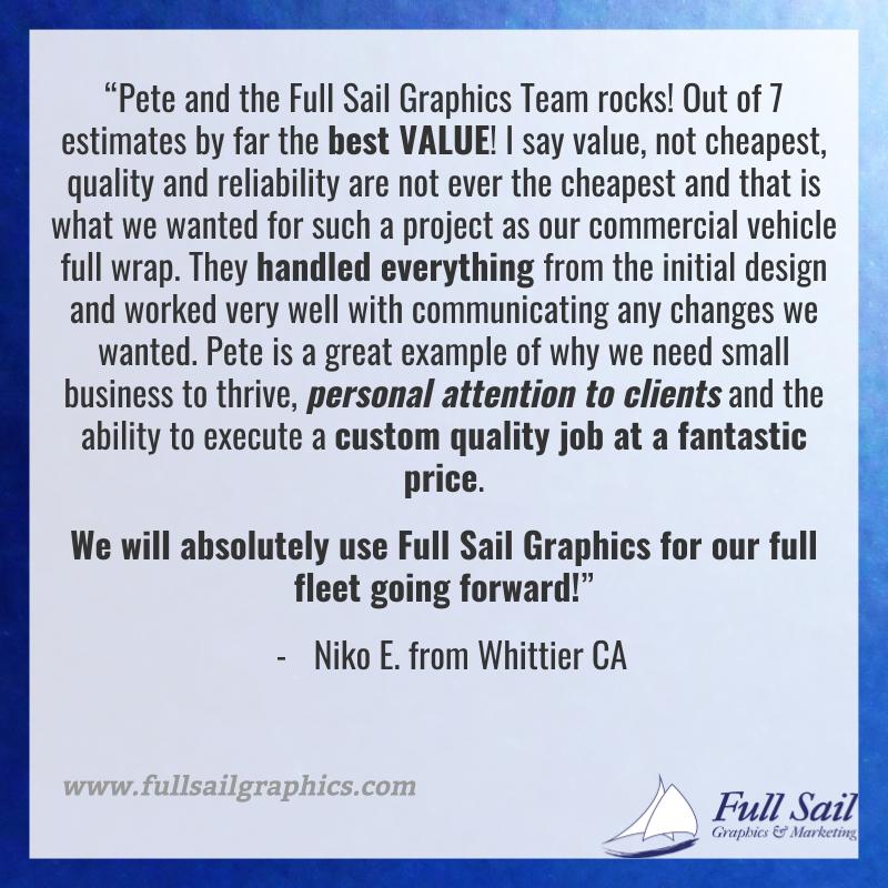 FullSailGraphic's tweet photo. Choosing a vehicle wrap company can be hard, but we try to make it pretty simple. We let our 5 Star Yelp rating &amp; hundreds of satisfied customers speak for us. #testimonialthursday

#FullSailGraphics #orangecounty #testimonial #5starrating #yelp #yelptestimonial https://t.co/rPL21fQ5yN