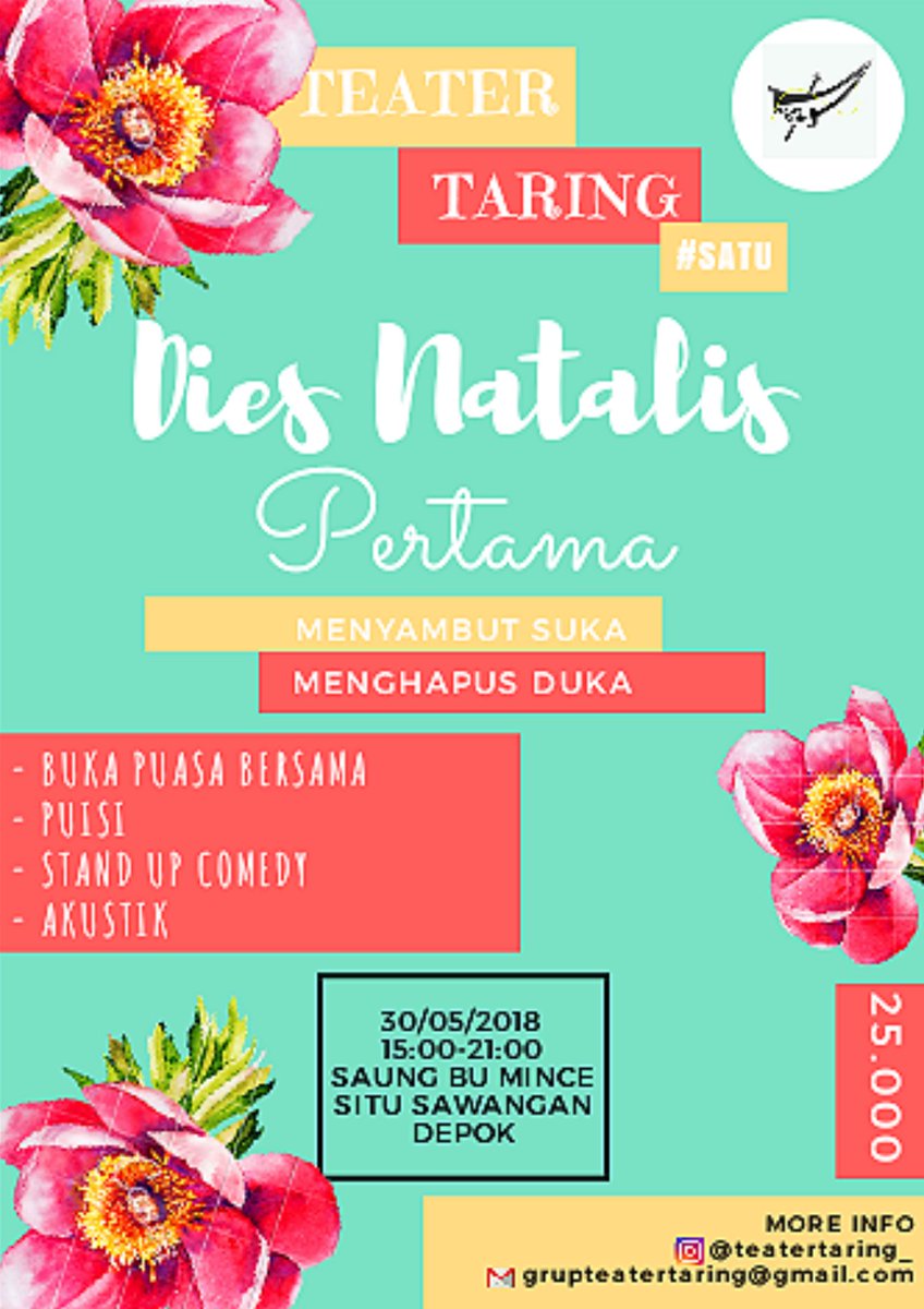 TeaterTaring's tweet photo. Satu tahun kami berkarya. Satu tahun kami hidup.
SALAM BUDAYA!
Menginjak usia #SATU tahun
Teater Taring
Mempersembahkan:
TIUP LILIN PERTAMA
'Menyambut Suka'
'Menghapus Duka'
Donasi:
Rp. 25.000
Reservasi: Syauqi~081315433714
#teatertaring #teater #diesnatalis #tiuplilin #satu https://t.co/jPD1JGEg1z