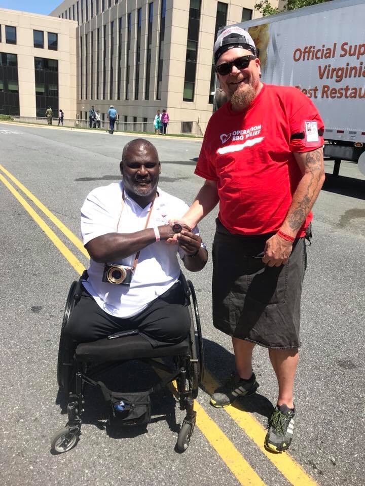 Sabrinakeever's tweet photo. So proud @BoomBoomBBQ Presenting an Operation BBQ Relief Coin to one of my heroes, COL Greg Gadson a true inspirational leader. #iamobr https://t.co/pV57ELQ9qt
