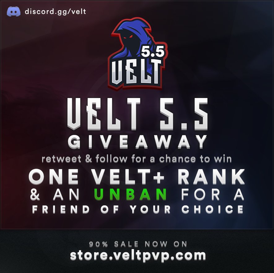 VeltPvP's tweet image. VeltPvP 5.5 Week #4 Giveaway.

Retweet &amp;amp; Follow us for a chance to win a Velt+ rank and an unban for a friend of your choice! 🔓

HCF Update:
 • 2 HCF servers will release this weekend rather than 4.

Week #4 Information 📰
veltpvp.com/forums/announc…