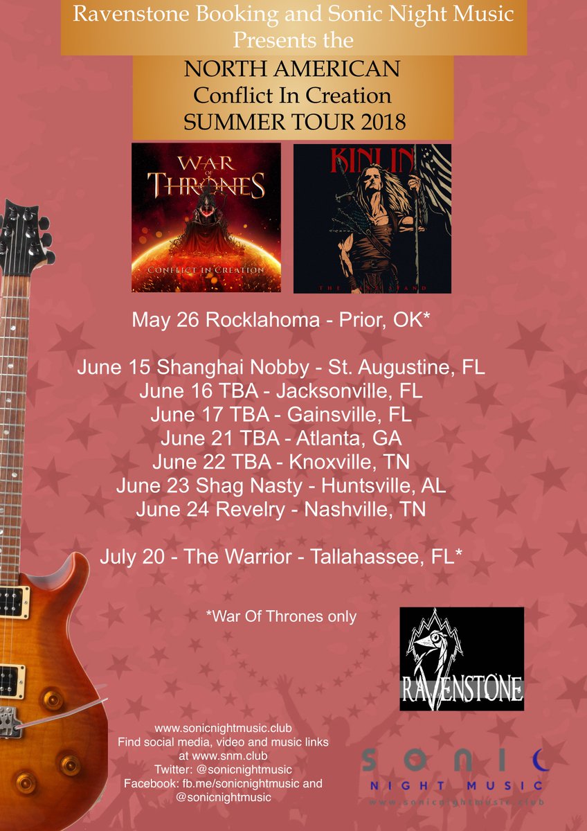 SONICNIGHTMUSIC's tweet photo. Summer Tour! #ClockworkRevolution ##SonicNightMusic #MetalLives #WarOfThrones #KillingGrace #NewMusic #HardRock #metal #metalmusic #MusicNews #music #mvdentgroup #albumrelease #newalbum #promoteyourmusic #kinlinmusic #Rockmusic #conflictincreation #maorappelbaum #yearofthethrone https://t.co/FG69a87Gbh