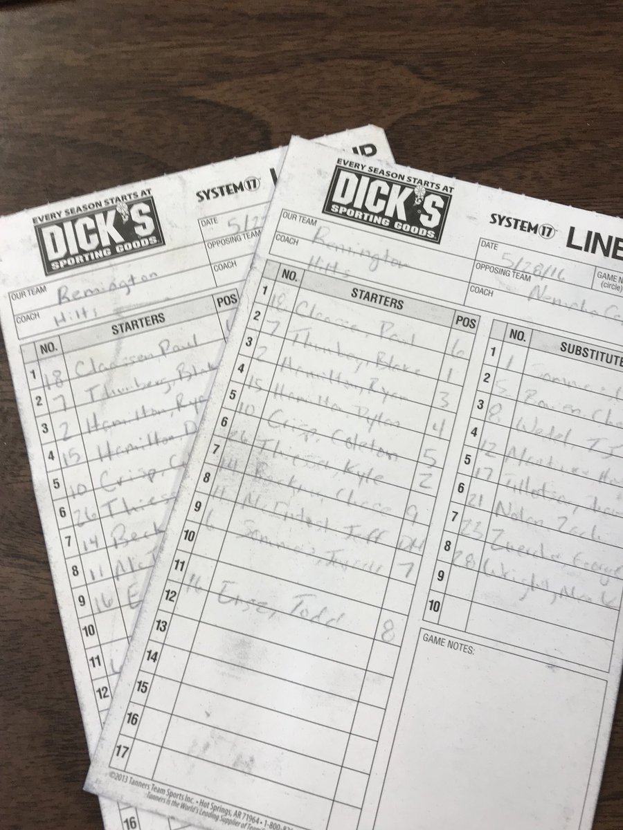 RemingtonBaseb's tweet photo. Doing some cleaning around my room today. Found these old lineup cards from the state game stuck behind the iPad. Thanks @Kelc4hinz for stashing them there. So many of these guys are doing bigger and better things today. Proud of you all. https://t.co/ojVg3l9ede