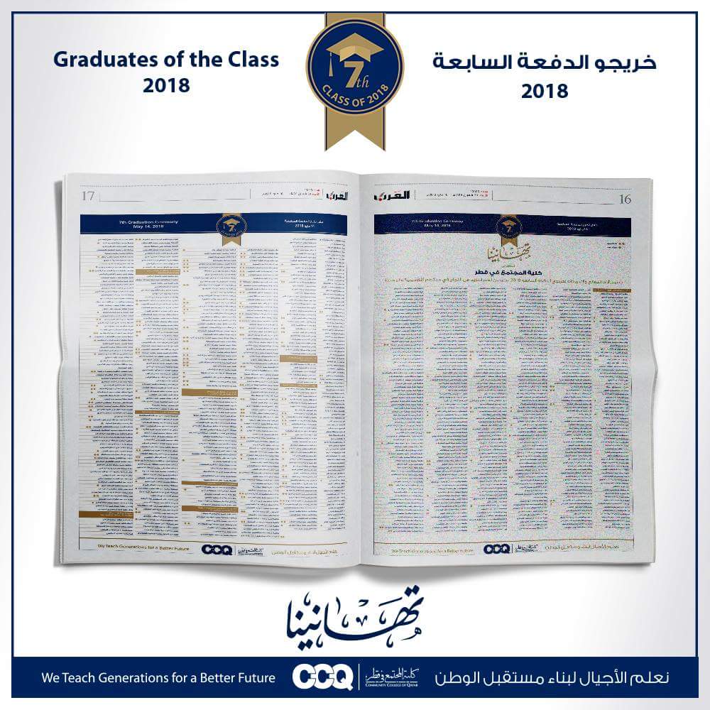 CCQ_ELC's tweet photo. تتقدم #كلية_المجتمع بأسمى آيات التهاني والتبريكات لخريجي الدفعة السابعة 2018 متمنين لهم المزيد من النجاح في حياتهم الأكاديمية والمهنية
https://t.co/5UPdqnsfBq https://t.co/nrZvU5ZAHZ
