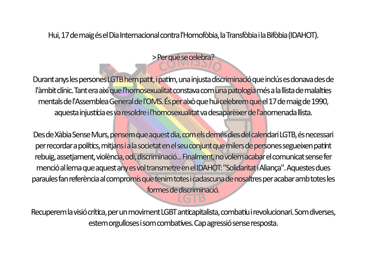 XabiaSenseMurs's tweet photo. Vos deixem ací el comunicat que ha redactat la Comissió LGTB del nostre col·lectiu pel Dia Internacional contra l'Homofòbia, la Transfòbia i la Bifòbia.

I recordeu que demà serà la presentació del llibre "Res a amagar", amb l'autora, Anna Boluda. Podeu veure-ho al cartell! https://t.co/ZiJJL1EvEV