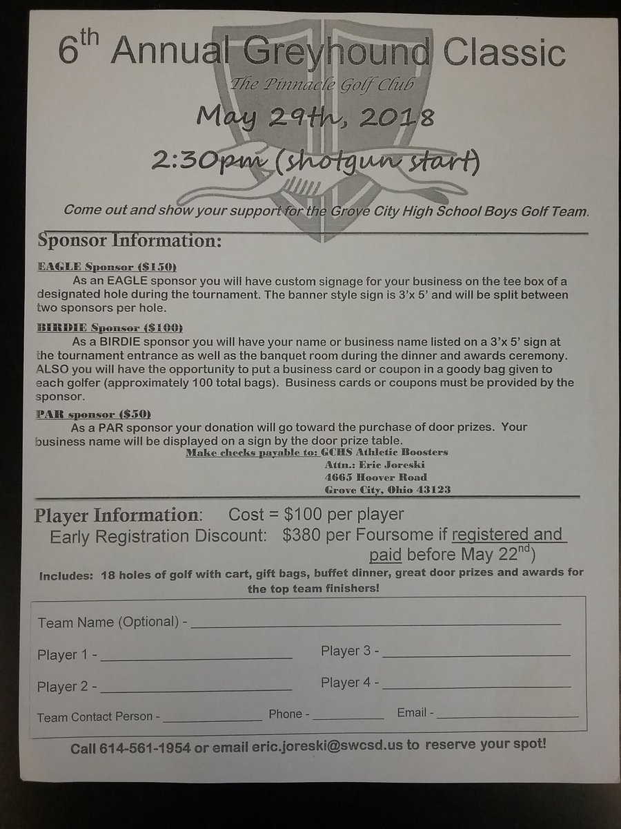 GCgreyhoundgolf's tweet photo. Still time to get registered for our outing. Great time, great prizes, great food! #gchs #greyhoundscores #pinnaclegolfclub https://t.co/QiCwTnH5hh