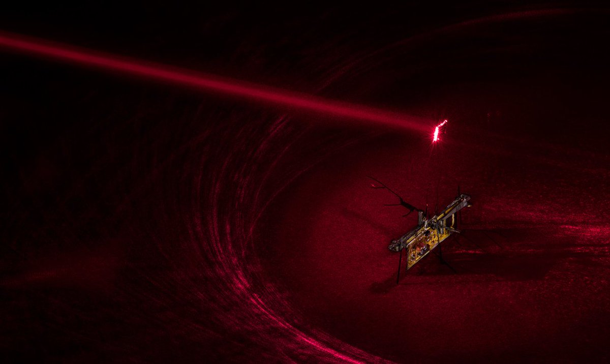 uwnews's tweet image. This tiny robot is slightly heavier than a toothpick, has wings like an insect and is powered by a laser  washington.edu/news/2018/05/1… #RoboFly #lasers #pewpew #robots