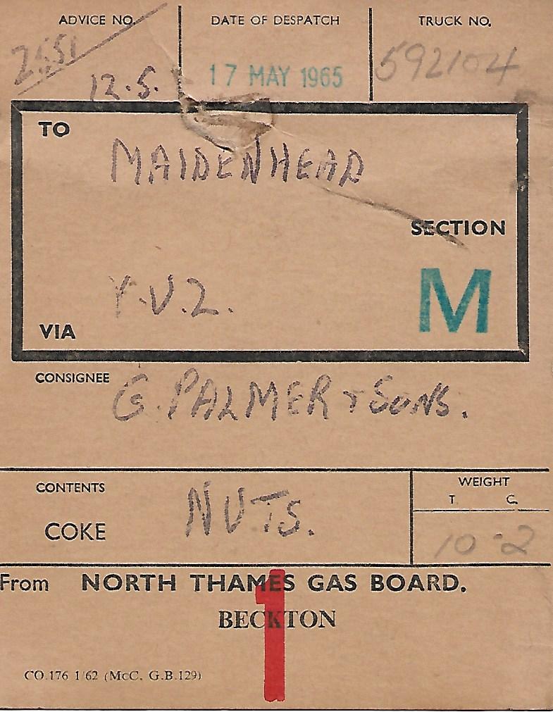 #RailwayWagonLabelaDay No.1287 : 17th May 1965 North Thames Gas Board Beckton Coke Nuts in British Railways 16 Ton Mineral Wagon B592104 to Maidenhead for G.Palmer & Sons #Coke #Railfreight #Maidenhead