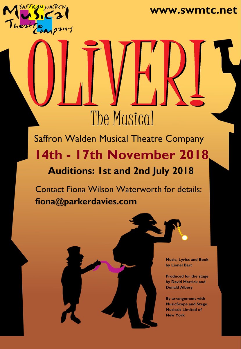 SWMTC delighted to announce next show as 'Oliver The Musical'!  Keen to join?  Get in touch: fiona@parkerdavies.com <a href="/swtic/">Saffron Walden TIC</a> #saffronwalden #localtheatre #dancers #singers