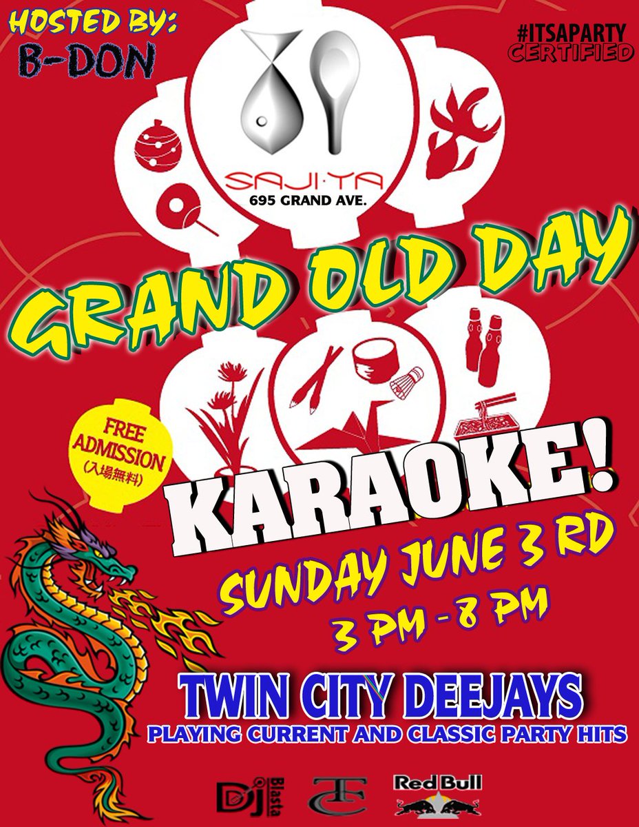 _DJBlasta's tweet photo. Grand Old Day 2018 at Saji Ya...
Sunday, June 3rd - starts at 3pm.. This year we've added Karaoke to the party!
#Twin City DeeJays #DJ Blasta https://t.co/5o17j3Cr2n