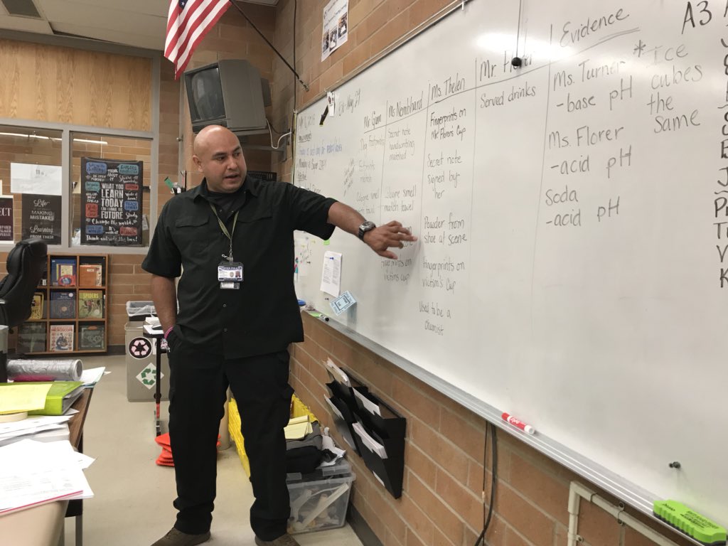 Mrs_Nevarez's tweet photo. Who done it? Detective Chavez came to visit our crime scene investigators today #MRJH. Students had to decide who should be arrested for the crime. Detective Chavez said the kids had great claims and evidence! https://t.co/shzbN0ZxtL