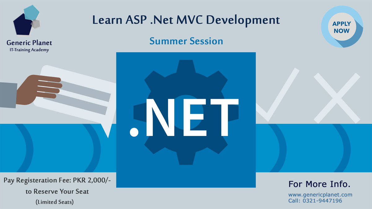 genericplanet's tweet image. #AspDotNetTraining
Registration Link: genericplanet.com/registration
Last Date of Registration: May 25, 2018
Reserve your seat by submitting registration fee PKR2000, 
For more details you can contact on 0321 944 71 96
#ProjectBasedTraining #Lahore #BestTrainingInstitute #ITCourses
