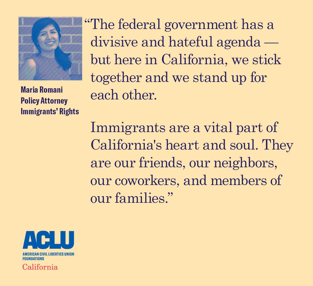 ACLU_NorCal's tweet photo. While President Trump spews hate and racism, we #StandWithCAValues. @MariaRomani_ https://t.co/COwfTbMmGl