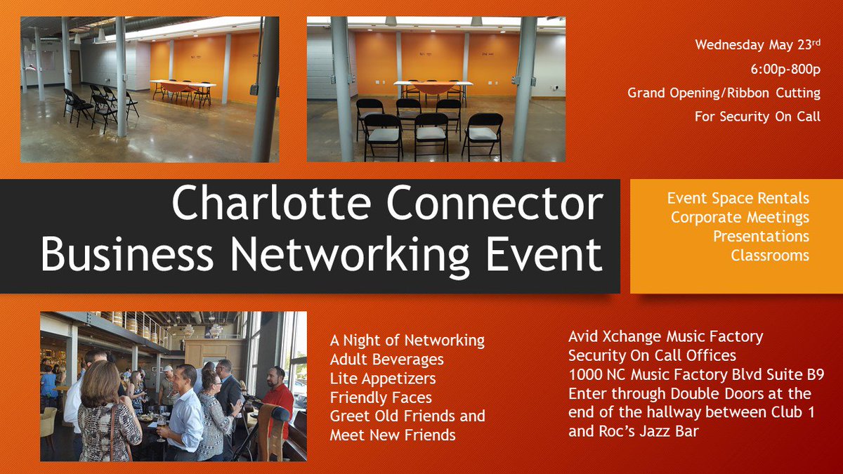 Please join the Charlotte Connector Wednesday May 23rd from 6-8 pm at the Security On Call offices.  This is a FREE event.  Bring plenty of business cards.  

Registration is encouraged:  eventbrite.com/e/the-charlott…