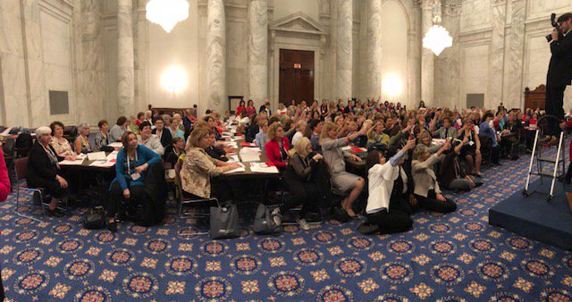 Hadassah's tweet photo. The rain wasn't going to keep 200+ #Hadassah women from a #DayOnTheHill, to speak out to support #Israel, #healthequity4her common-sense gun reform &amp; #Holocaust education. We're getting revved up at the Russell Senate Bldg
#HadassahDC2018 #PassionToAction #PowerOfWomenWhoAdvocate https://t.co/99HSDfcSBX