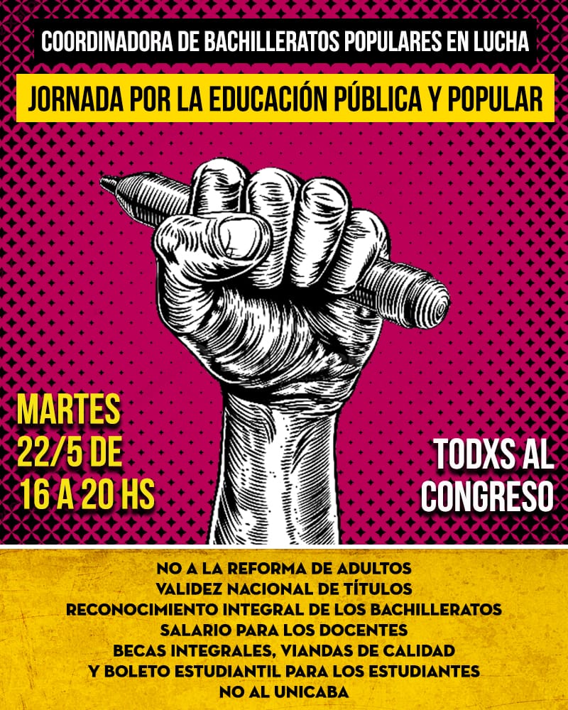 ceimbprensa's tweet photo. 22/5 de 16 a 20 hs - Plaza Congreso - #BachilleratosPopularesEnLucha #EducacionPopularAdultos - Acompañamos el reclamo de los Bachilleratos Populares - ¡No a la Reforma de Adultos! ¡No al desmantelamiento de la valiosísima Educación Popular! https://t.co/zWGRUb5rGn