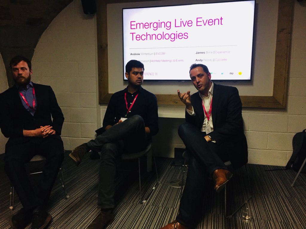 ExperienceLDN's tweet photo. What’s the next big thing? @ExperienceLDN ‘s James Brine discussing emerging live event tech at #EVCOMference18, with Ewan Jamieson @AshfieldEvents and Andy Feasey @HelloCassette #events #AI #VR #keepingitsimple #experienceldn https://t.co/e0nw2alucM