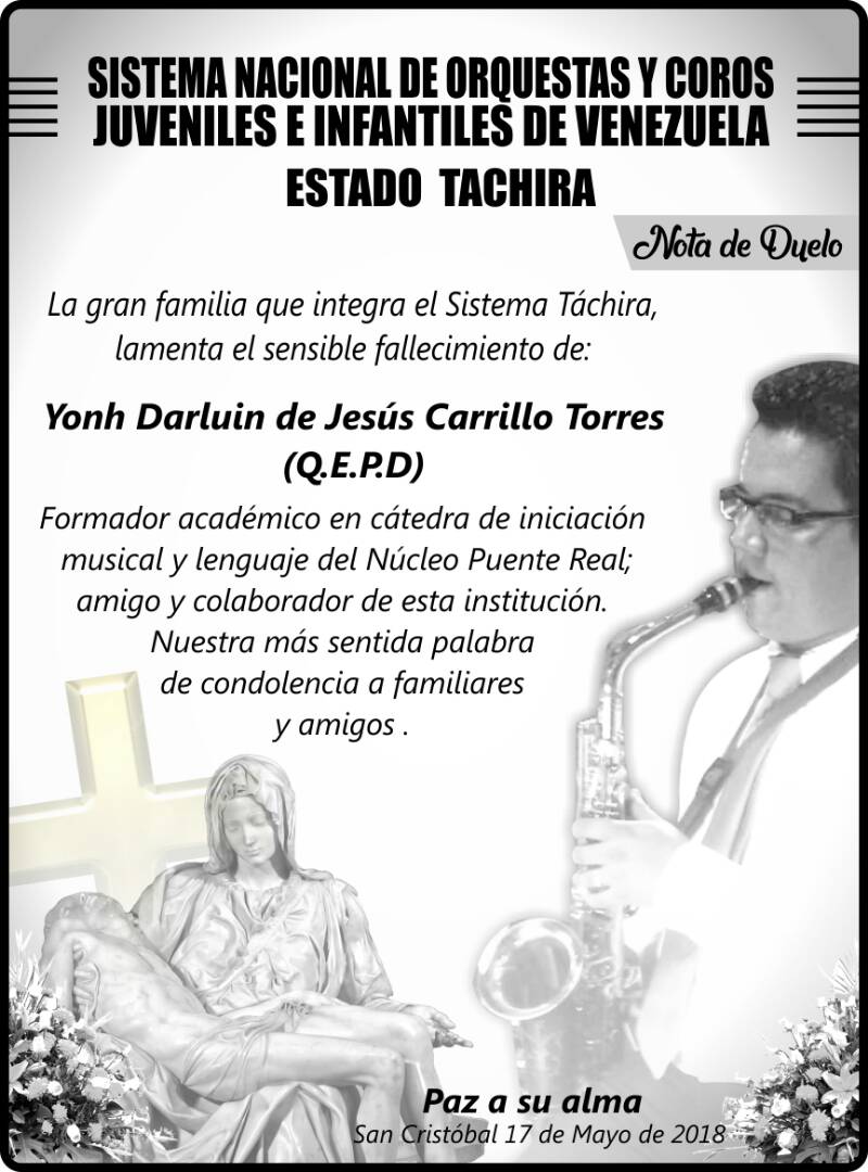 SistemaTachira's tweet photo. Lamentando profundamente la desaparición física de nuestro compañero, amigo. John Carrillo, formador académico del Núcleo Puente Real. Nuestras sentidas Condolencias a sus familiares. PAZ A SU ALMA. https://t.co/qTiCKCj1oh