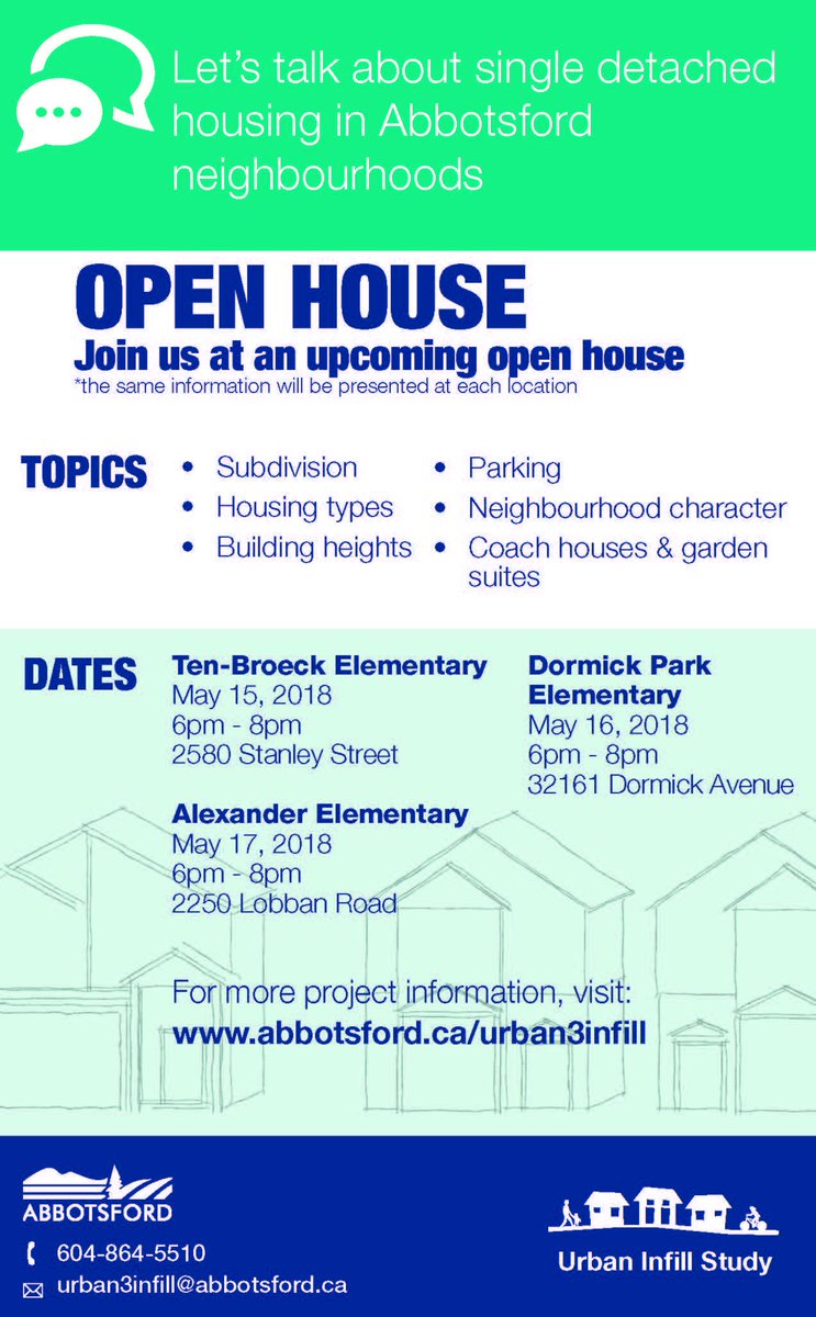 Join us at an upcoming Open House regarding single detached housing in #Abbotsford Neighbourhoods! https://t.co/XcUf1JjYdY