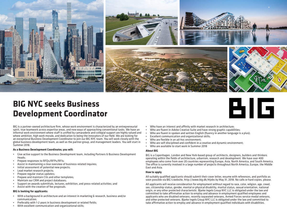 BIG_Architects's tweet image. 📢 We're looking for an NYC-based Business Development Coordinator to start this Summer 2018! Are you interested in new biz, marketing, research &amp;amp; expanding your global perspective for a cool architecture office in #Dumbo? Apply by May 31st! trr.tbe.taleo.net/trr01/ats/care… #JoinBIG