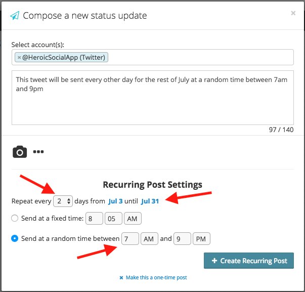 HeroicSocialApp's tweet photo. Periodically send out a #consistent message on your #social profiles with Recurring Posts at Heroic Social!

Just enter your post text, select a date and time range, and a frequency and let it go. We'll automatically post and schedule it for (Cont'd at https://t.co/mnZTZGuapX) https://t.co/SZXPljEIYL