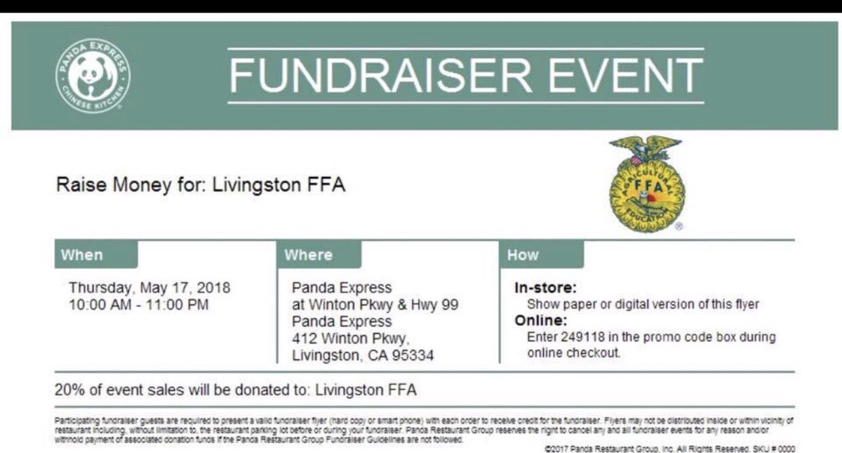 livingston_ffa's tweet photo. Come out and support our chapter at Panda Express in Livingston today! Show the flyer below in person or order online with the promo code on the flyer. Thank you in advance for your support! #redefininghistory https://t.co/wgc3A5XFoH