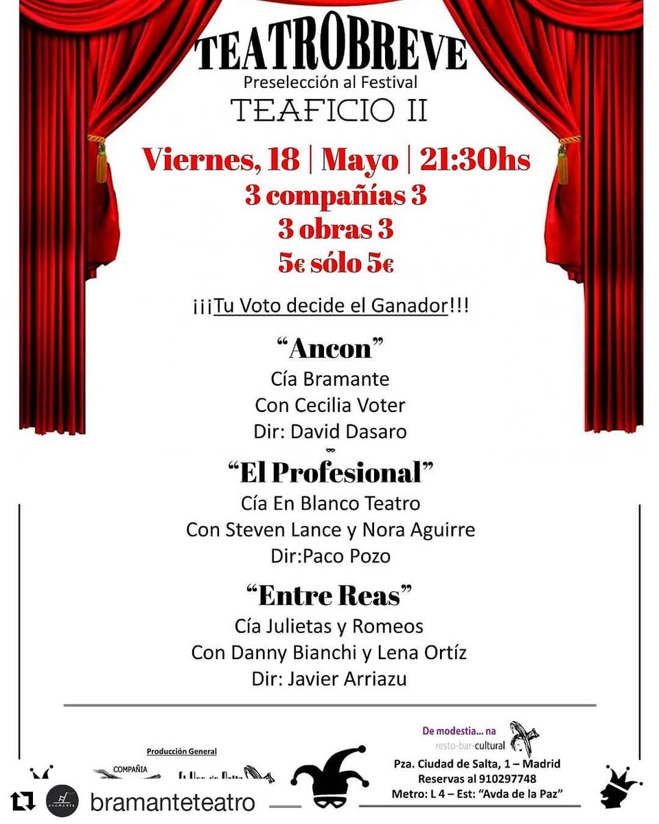 DavidDasaro's tweet photo. Hola amig@s este viernes participamos en la preselección del Festival Teaficio II

Tu voto decide el ganador!!!! Ven a apoyarnos, el público decide quien pasa a la final!! Para comprar las entradas ponte en contacto con
David: 658536966

#Microteatro #Madrid #DemodestiaNa https://t.co/ag14zweJPt