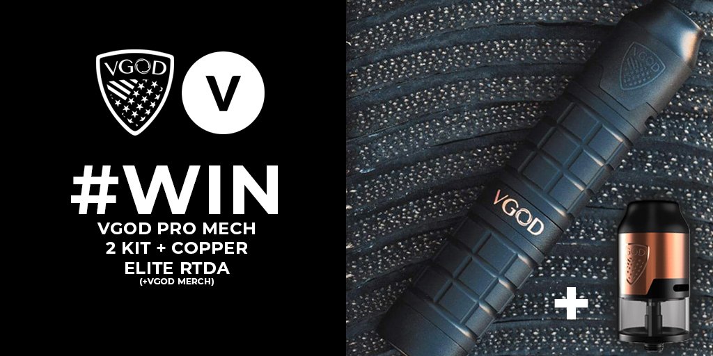 IT’S #GIVEAWAY TIME! We’ve teamed up with VGOD  to offer you the chance to #win all the below.
-VGOD PRO MECH 2 KIT PLUS (RRP £90)
-VGOD COPPER ELITE RTDA IN COPPER (RRP £35)
-VGOD LOGO TEE IN GOLD 
-VGOD SNAPBACK
RT + Follow us &amp; <a href="/OfficialVGOD/">VGOD</a>   to enter! 
*T’s &amp; C’s apply