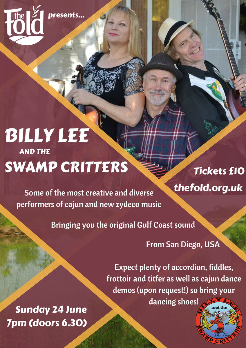 Next gig <a href="/TheFoldCIC/">The Fold</a> , stopping by on their UK tour from San Diego, USA Billy Lee &amp; The Swamp Critters June 24th #cajun #zydeco #gulfcoastsound #fiddles #accordion #titfer #washboard
