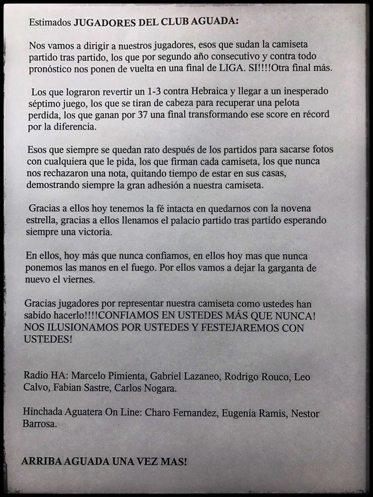RinconAguatero's tweet photo. Carta de los integrantes de #RadioHA y de Hinchada Aguatera Online a los jugadores del Club A. AGUADA. https://t.co/aOsGHnDwBF