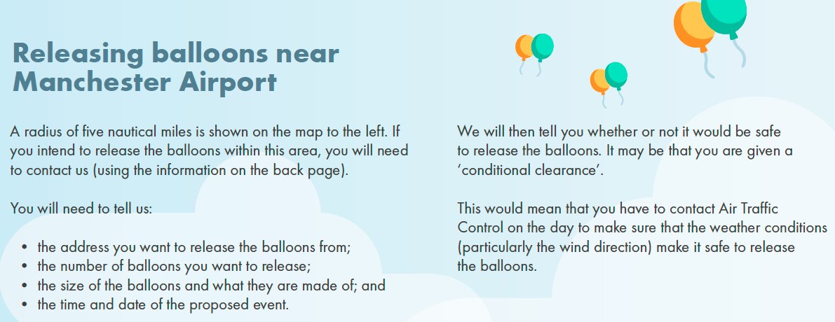 manairport's tweet photo. Did you know that toy balloons could damage aircraft engines & cause aircraft to have to divert from their flight-path to fly around them? ✈️ Please be aware of the rules regarding balloons near an airport 🎈 #AirportSafetyWeek #PromotingSafetyTogether https://t.co/EYvZAwXTPd