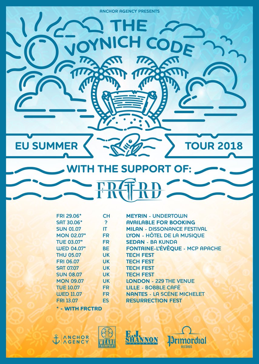 anchoragencyeu's tweet image. TOUR ANNOUNCEMENT - @thevoynichcode + @wearefrctrd 2018 EU/UK tour 🇪🇺🇨🇭🇮🇹🇫🇷🇧🇪🇬🇧🇪🇸 #AnchorAgency #TheVoynichCode #FRCTRD #deathcore #EUtour #UKtour #UKEUtour #DissonanceFestival #UKTechFest #ResurrectionFest #WeAreTriumphant #EJShannonManagement #PrimordialRecords