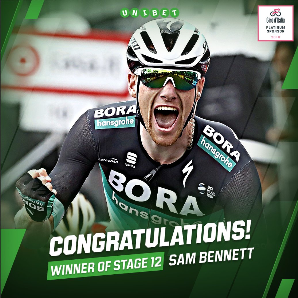 Unibet Belgium (@unibetbelgium) on Twitter photo 🏁 <a href="/Sammmy_Be/">Sam Bennett</a> (<a href="/BORAhansgrohe/">Gabor Gamble</a>) powers to victory in the 12th stage of the <a href="/giroditalia/">Giro d'Italia</a> ! 💪
💥 What a massive sprint by the Irishman!
#Giro101 #Giro #giroditalia 🏁 <a href="/Sammmy_Be/">Sam Bennett</a> (<a href="/BORAhansgrohe/">Gabor Gamble</a>) powers to victory in the 12th stage of the <a href="/giroditalia/">Giro d'Italia</a> ! 💪
💥 What a massive sprint by the Irishman!
#Giro101 #Giro #giroditalia