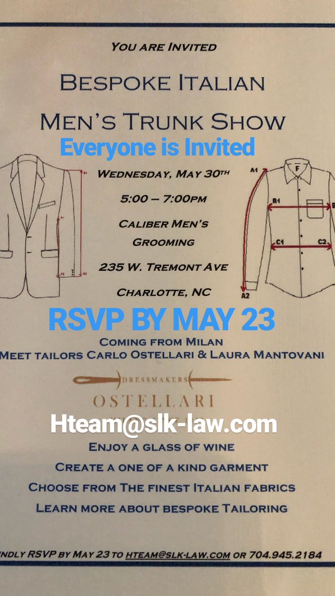 CaliberMens's tweet photo. Join @CaliberMens on Wednesday May 30th for the Bespoke Italian Men's Trunk Show. FREE event and open to anyone. To attend please RSVP by no later than May 23rd at Hteam@slk-law.com. https://t.co/DxrhztFdmF