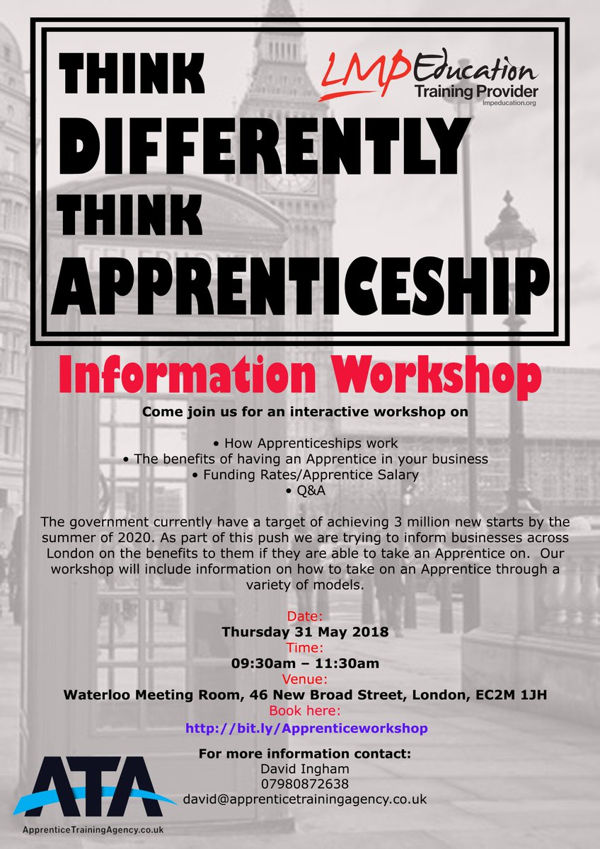 LMPEducation's tweet photo. Are you looking for an Apprentice to join your business? Then book onto our Apprenticeships Information Workshop today – https://t.co/fc9cBCVCV3
#HostAnApprentice #apprenticeships #London #Liverpoolstreet https://t.co/VMYVhnrztn