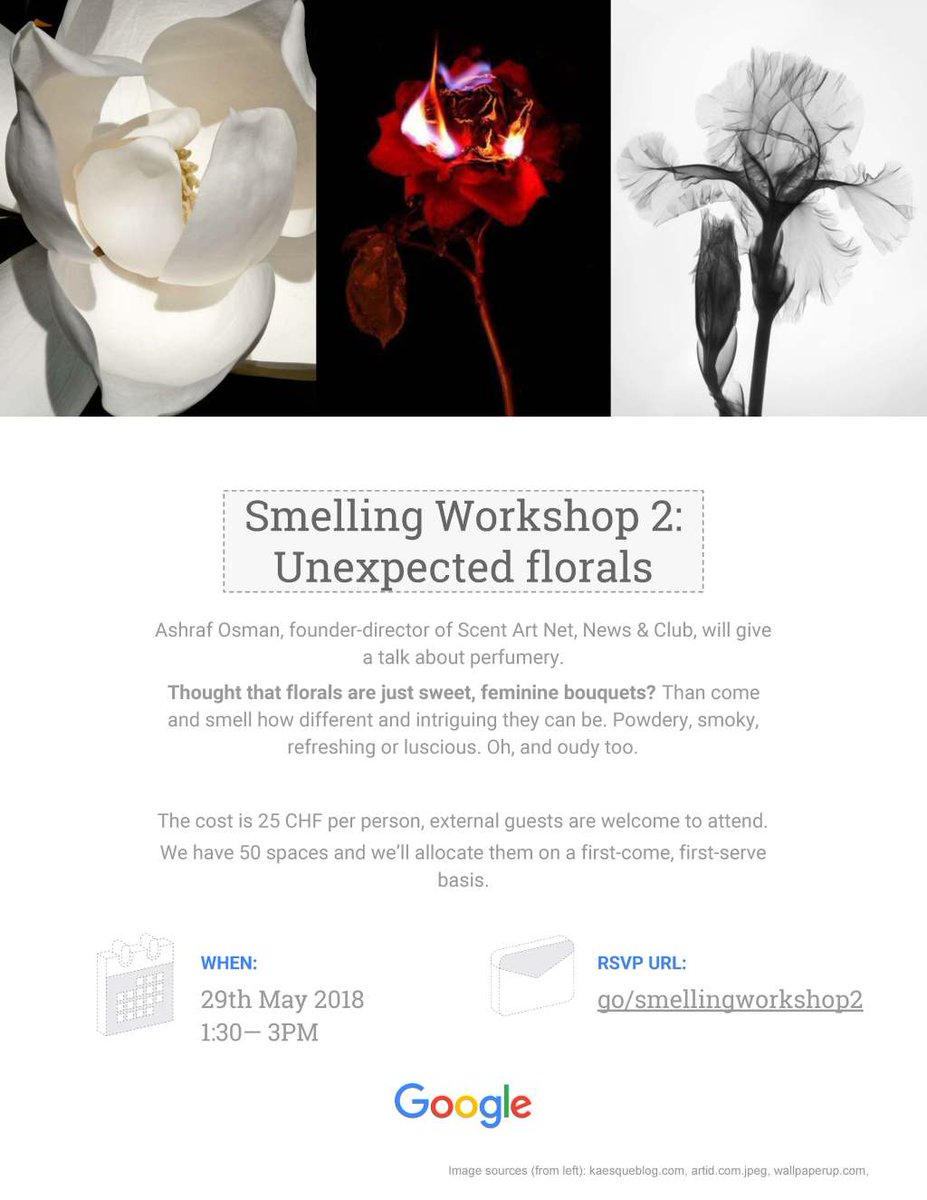 Smelling Workshop 2: "Unexpected Florals" at Google Zurich on 29 May 2018 <a href="/1/">1</a>:30-3PM scentart.net/2018/05/17/sme…