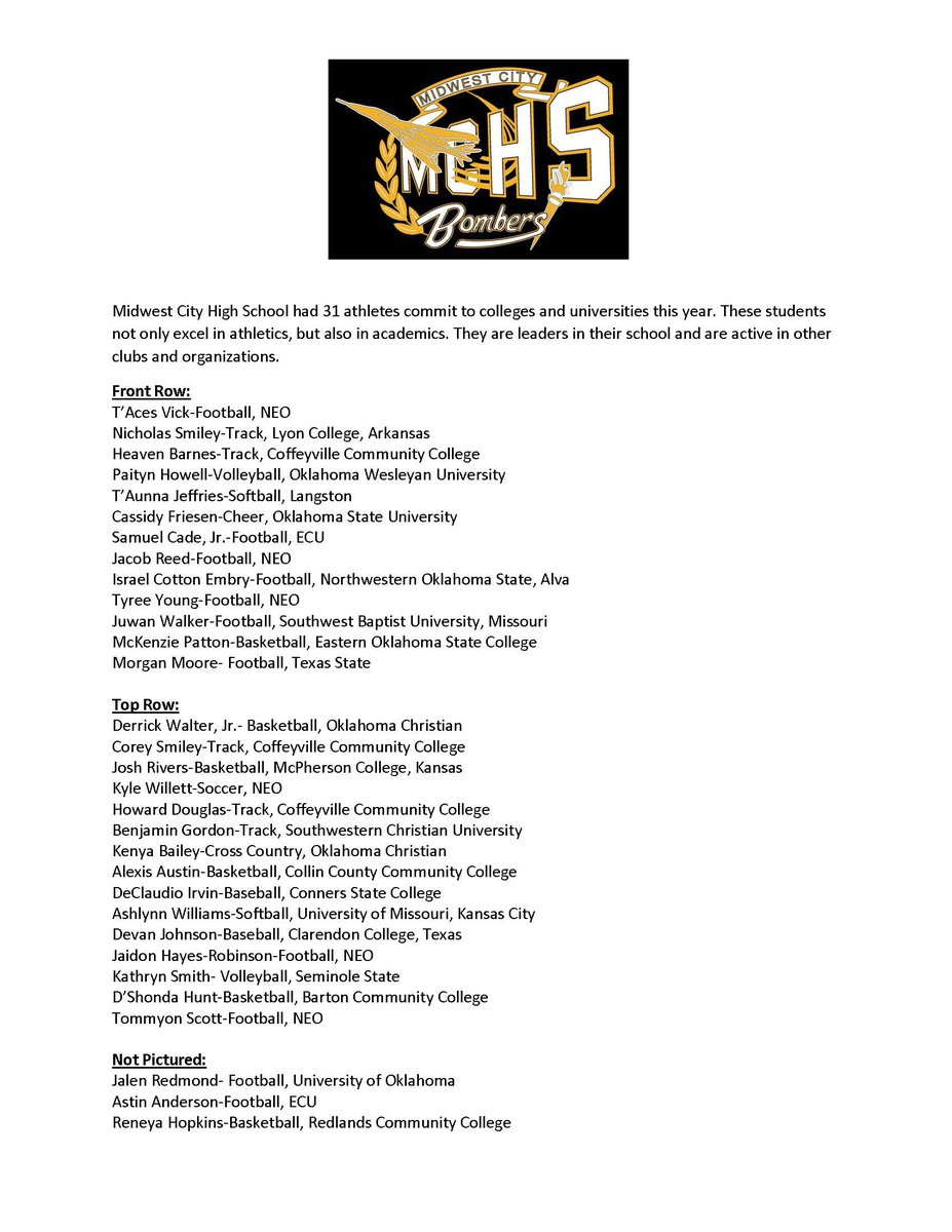 middelnews's tweet photo. The Bombers had 31 athletes commit to colleges and universities this year. These students not only excel in athletics, but also in academics. They are leaders in their school and are active in other clubs and organizations. @MCHSBombers1 #mdpurpose 🖤💛🖤 https://t.co/WMq5ng2QQa
