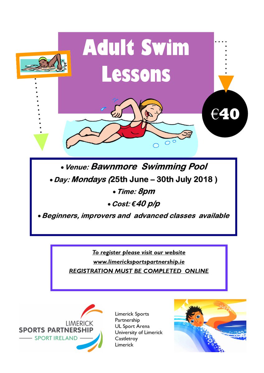 Limericksports's tweet photo. Kids and Adults Swimming Lessons - registration now open and will fill up fast so don't be disappointed. Limited places available. Register online at https://t.co/3hBqDaCCn7 #activelimerick #swimminglessons #gettinglimerickactive https://t.co/VA1HXLM3p6