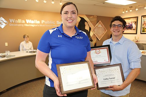 wwschools's tweet photo. Super Heroes! Wa-Hi Athletic Trainer Kelsey Dill & student Colby Turner were recognized with Good Citizens Awards for their heroism during the Wa-Hi Legends Track Meet. They took quick action to render medical assistance to a student experiencing a cardiac emergency. Thank you! https://t.co/SE2u38G2fu