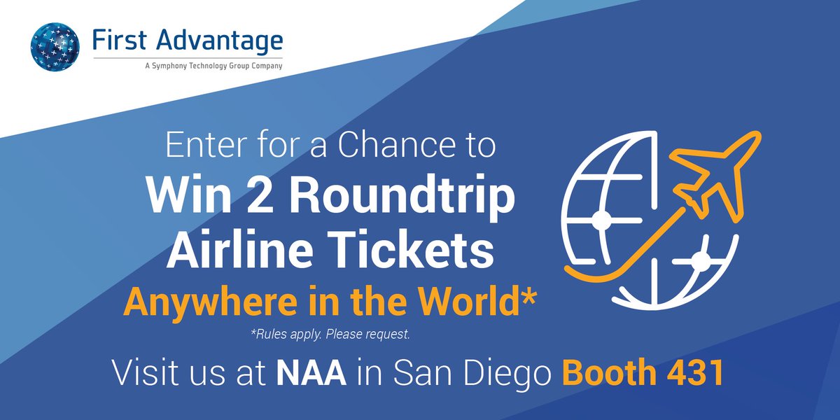 firstadvantage's tweet photo. Stop by Booth 431 at @NAAhq in San Diego this June to learn more about our #CreditPassport and to enter to win 2 FREE AIRLINE TICKETS anywhere in the world! #ResidentScreening #FADVGlobal #Apartmentalize https://t.co/VLUKeaJ566