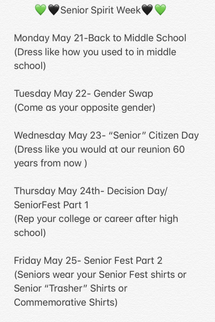 HHS_ProGrad2018's tweet photo. HEYYY SEEEEENNNIIOOOOOORRRRRRSSSSSSSSS!!!!!! 💚🖤💚🖤

You asked and we did it!!

Next Week Is Our SENIOR SPIRIT WEEK‼️‼️ https://t.co/9Jyv4Z87qX